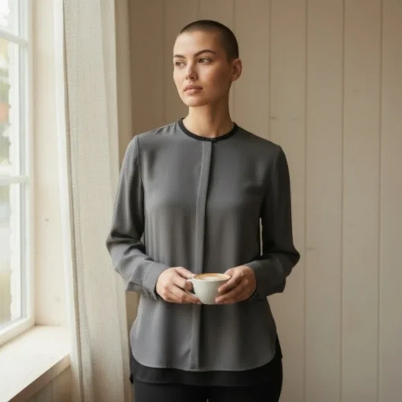 Vince 100% Silk Gray Longline Blouse 6 Mixed Media Back Minimalist Corporatecore - Picture 1 of 11